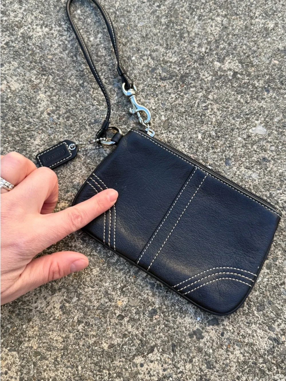 Coach Black Leather Wristlet Clutch Zip Pouch Signature Tag